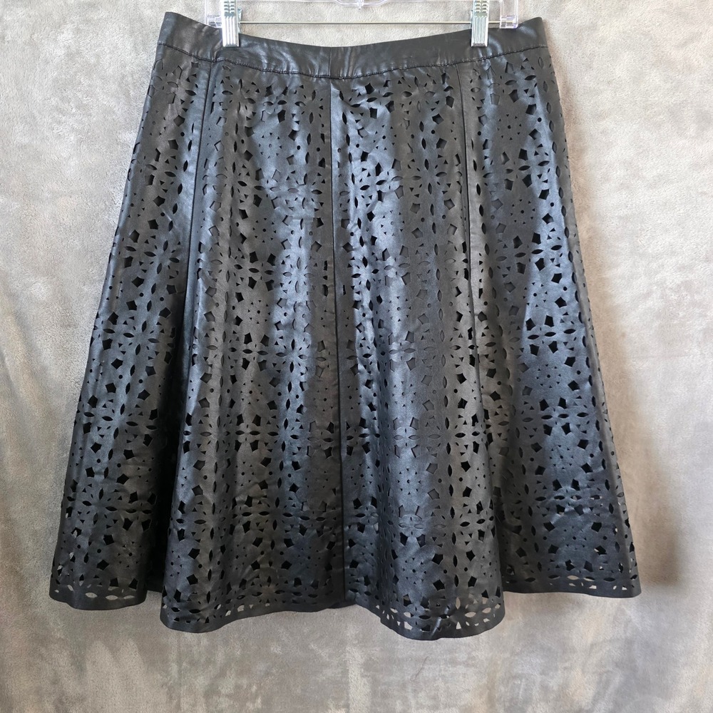 Worthington Black Faux Leather Laser Cut A-Line Midi Skirt Womens 12